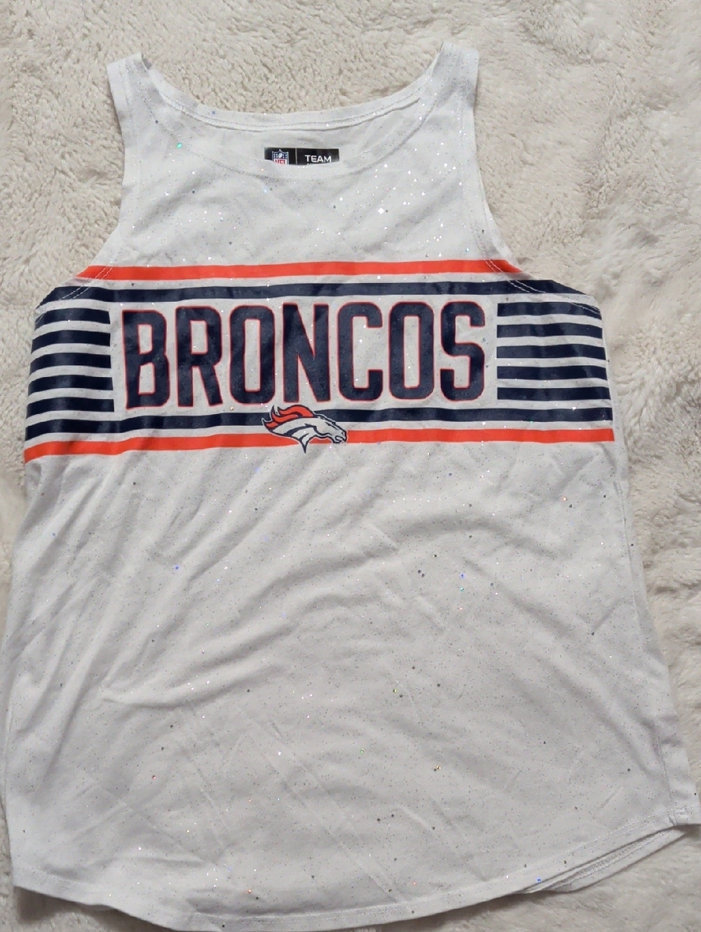 NFL White Broncos Glitter Stripe Tank Top